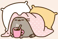 Pusheen cat cozy with hot cocoa