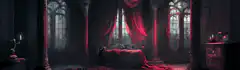 Gothic bedroom with red curtains