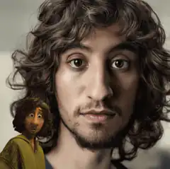 Man with small animated character