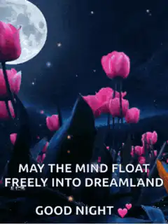 Blue butterflies fly over pink tulips under a moon