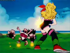 Android 18 kicks Goku and Krillin