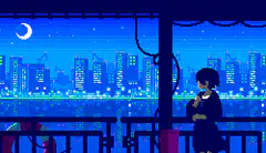 pixel art girl looking at city at night