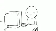 Stickman reacts to computer with disbelief