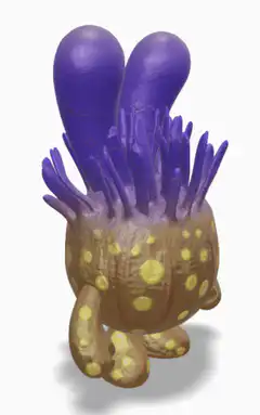 3d animated purple and yellow creature