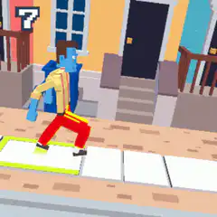 Blue pixel character running on tiles