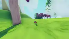 Red character running through green hills