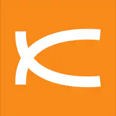 Orange and purple background with white and pink symbol