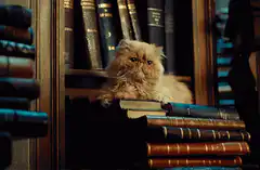 Fluffy cat on books