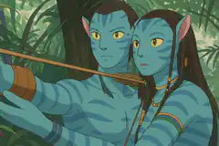 Jake and Neytiri aiming bow in Avatar anime