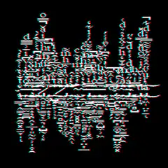 glitchy text cityscape animation