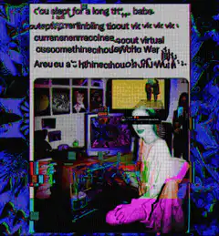 glitchy text over bedroom scene