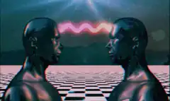 Two metallic figures facing each other with a pink wave between them