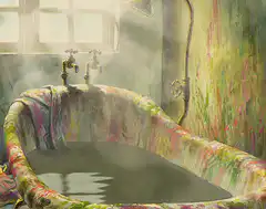 Colorful painted bathtub with steam