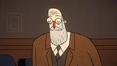 Old man with glasses tsking