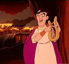 Hercules playing lyre in front of burning city