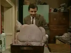 Mr. Bean inflates a turkey