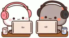 two cute characters with headphones at laptops