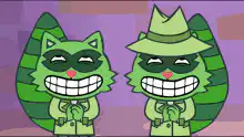 Two green cats laughing as money falls
