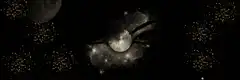 Golden stars twinkle around a moon and eye