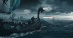 Viking ship in stormy sea