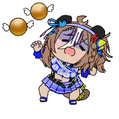 chibi character dancing with floating candies