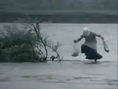 Mahatma Gandhi wading through water