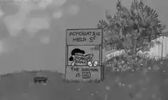 Charlie Brown visits Lucy's psychiatric help booth