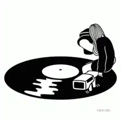 Girl sitting on vinyl record with melting liquid
