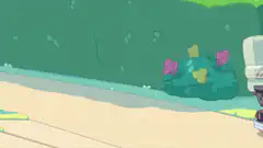 Bluey pushing Bingo on a scooter
