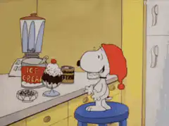 Snoopy eats ice cream sundae