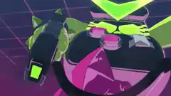 green robot arm holding glowing device