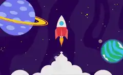 Red rocket launching into space