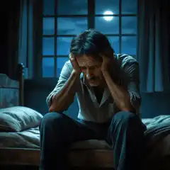 Man sitting on bed holding head in distress