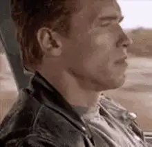 Arnold Schwarzenegger grimacing in a car