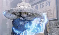Man in straw hat conjuring lightning