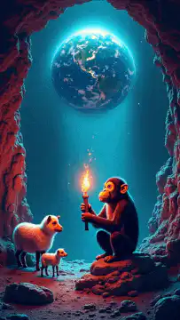 Giant figures and apes with sheep under a planet