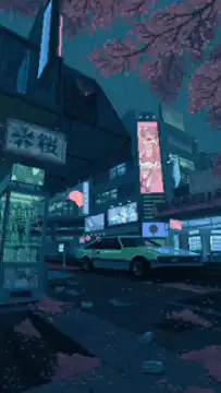 Anime city street at night with cherry blossoms