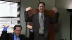 Michael Scott and Dwight Schrute hands up