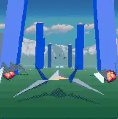 pixel art plane flying through blue pillars