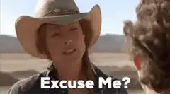 Woman in cowboy hat says Excuse Me
