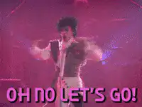 Prince performing with text overlay