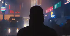 Silhouette in neon city rain