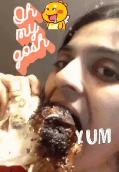 Woman eating food with oh my gosh sticker