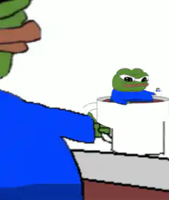 Sad Pepe holding tiny sad Pepe in cup