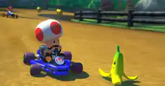 Toad driving kart with banana character