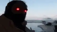 Man with glowing red eyes in snowy landscape