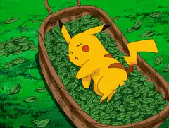 Pikachu sleeping in a basket of leaves