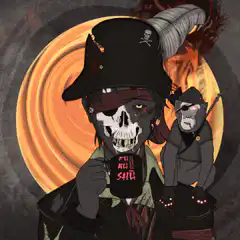 Skull pirate drinking coffee with monkey