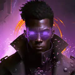 Cyberpunk man with glowing purple glasses