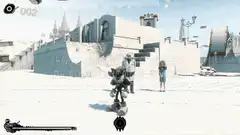 Robot character running in snowy city